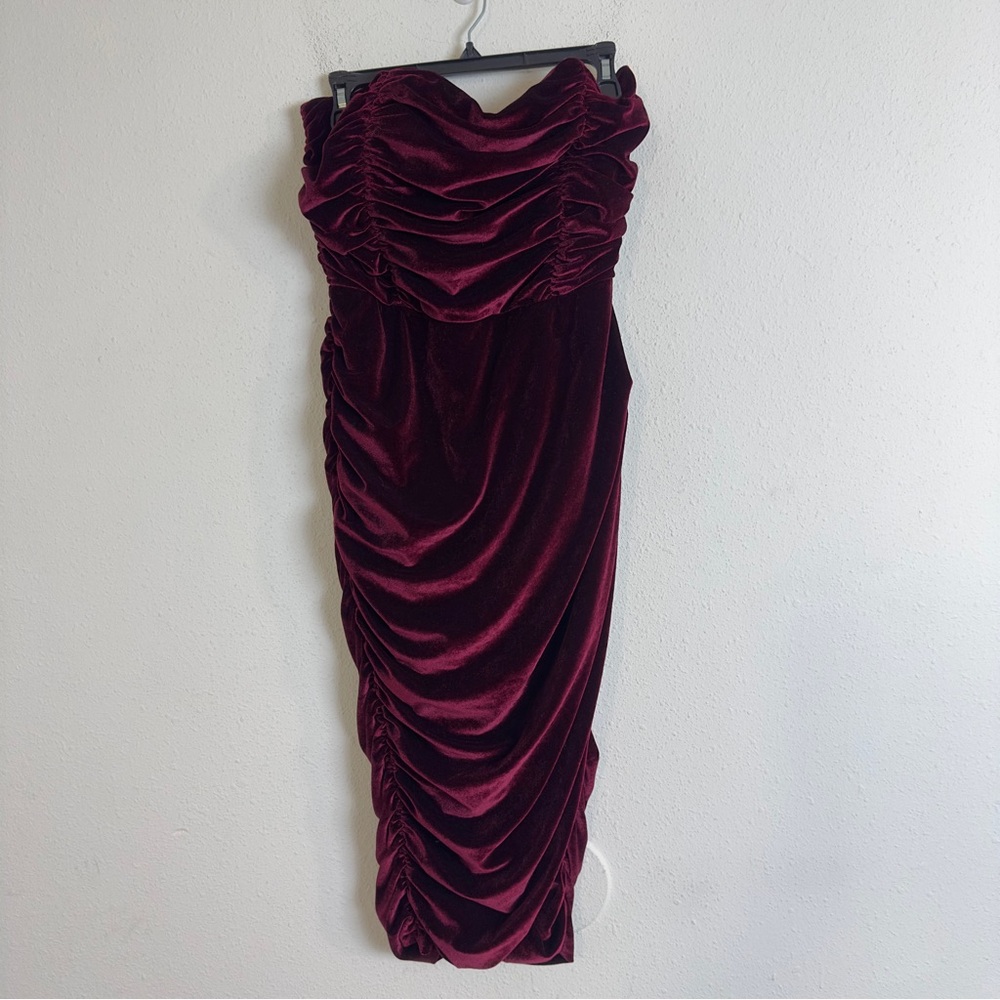 Rare London Velvet Ruched Drape Wrap Midi Dress In Berry View 4